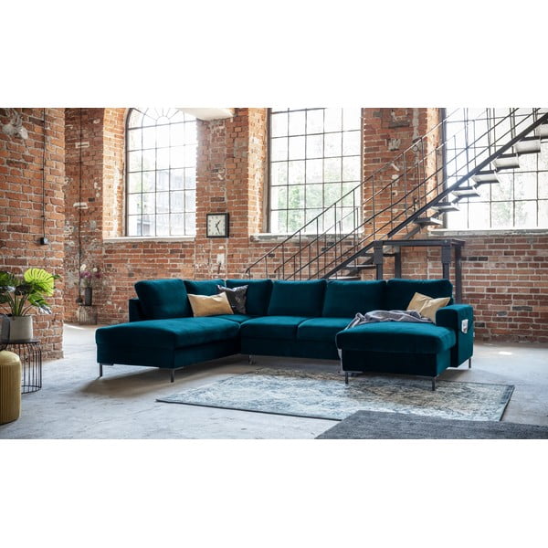 Petroolisinine sametne U-kujuline diivanvoodi, vasakpoolne nurk Lofty Lilly - Miuform-image-3