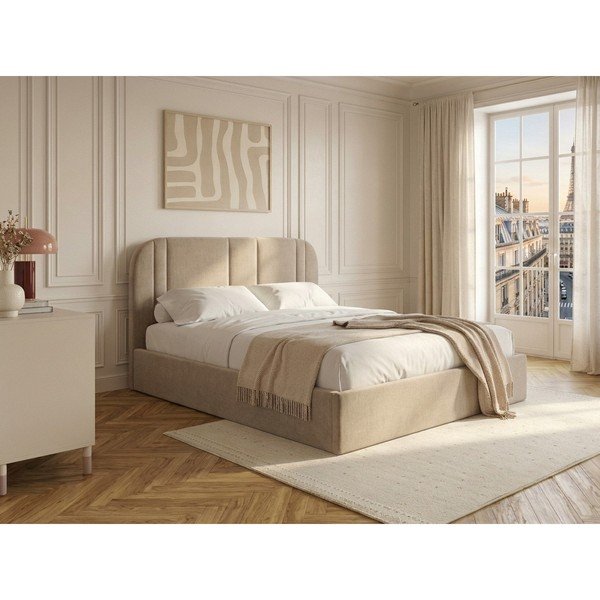 Beež polsterdatud kaheinimesevoodi panipaigaga ja liistudest raamiga 160x200 cm Sidney - Bobochic Paris-image-1