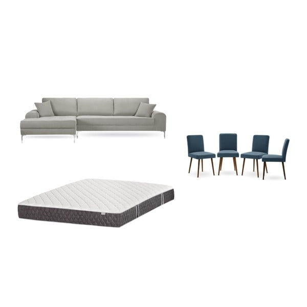 Set světle šedé pohovky s lenoškou vlevo, 4 modrých židlí a matrace 160 x 200 cm Home Essentials