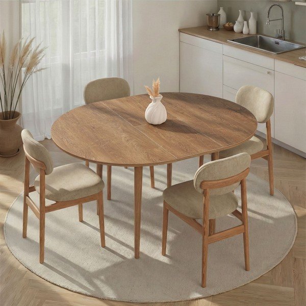 Ümmargune pikendatav söögilaud tammepuust dekooriga lisapealse pealispinnaga, ø 100 cm Viona - Kalune Design-image-1
