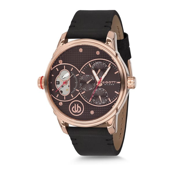 Pánské hodinky s černým koženým řemínkem Bigotti Milano Rolf