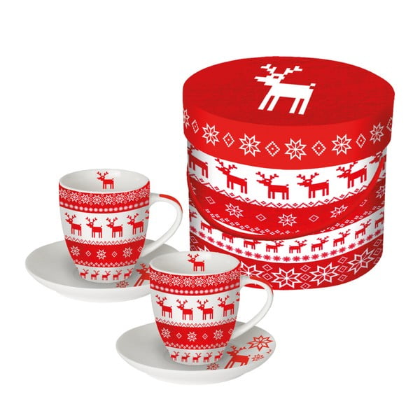 Sada 2 šálků z kostního porcelánu na espresso s vánočním motivem v dárkovém balení PPD Magic Christmas Red, 100 ml