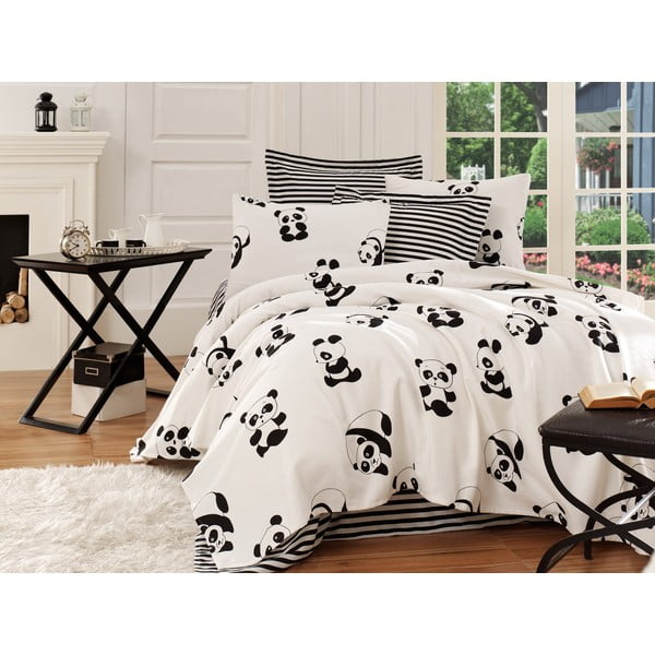 Valge/must puuvillane voodikatte ja padjakatete komplekt 200x235 cm Panda – Mijolnir-image-1