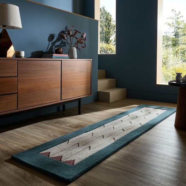 Käsitsi kootud villane jooksja naturaalses/rohelises värvitoonis 60x230 cm Apex Border Wool - Flair Rugs-image-1
