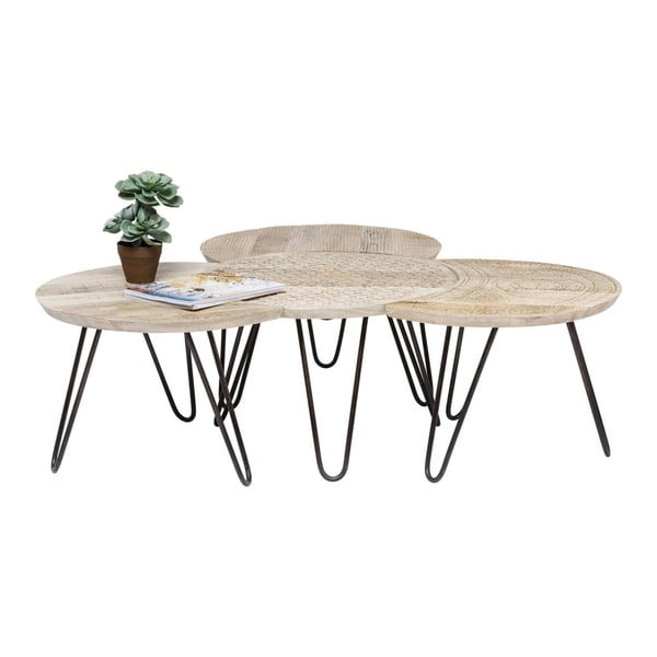 Sada 4 konferenčních stolků s deskou z mangového dřeva a ručně vyřezávanými detaily Kare Design Puro
