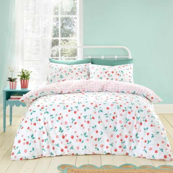 Roosa-valge voodipesu üheinimesevoodile 135x200 cm Strawberry Garden - Catherine Lansfield