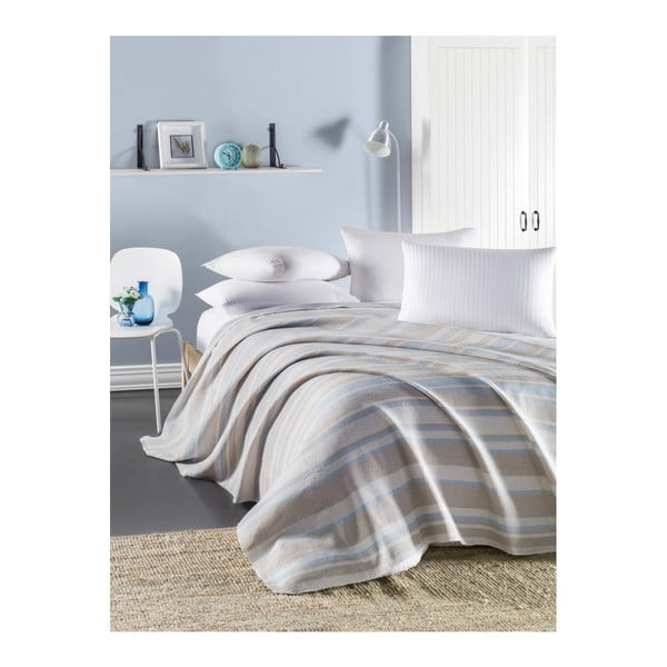 Modro-béžový lehký prošívaný bavlněný přehoz přes postel Runino Overra, 160 x 220 cm