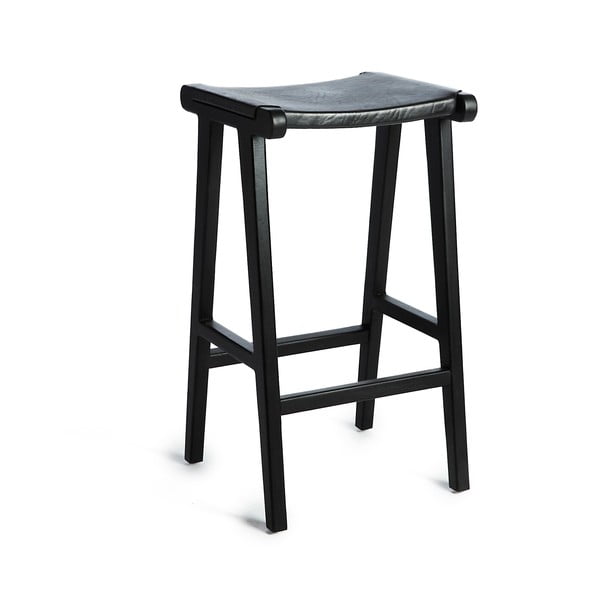 Černá barová stolička s kontrukcí z teakového dřeva a sedákem z hovězí kůže Simla Bar