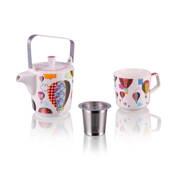 Konvička se 6 hrnky z kostního porcelánu a sítkem na sypaný čaj Silly Design Baloons, 500 ml-image-1