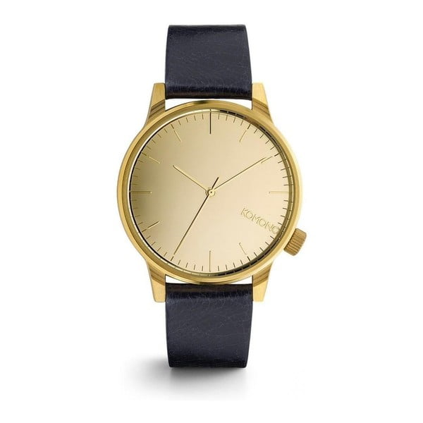 Unisex tmavě modré hodinky s koženým řemínkem a ciferníkem v zlaté barvě Komono Mirror