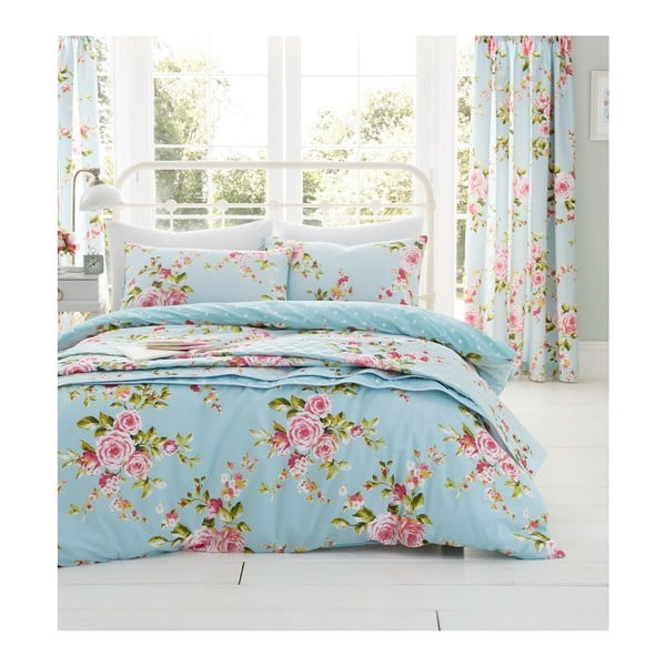 Světle modré povlečení s motivem růží Catherine Lansfield Canterbury, 200 x 200 cm-image-2