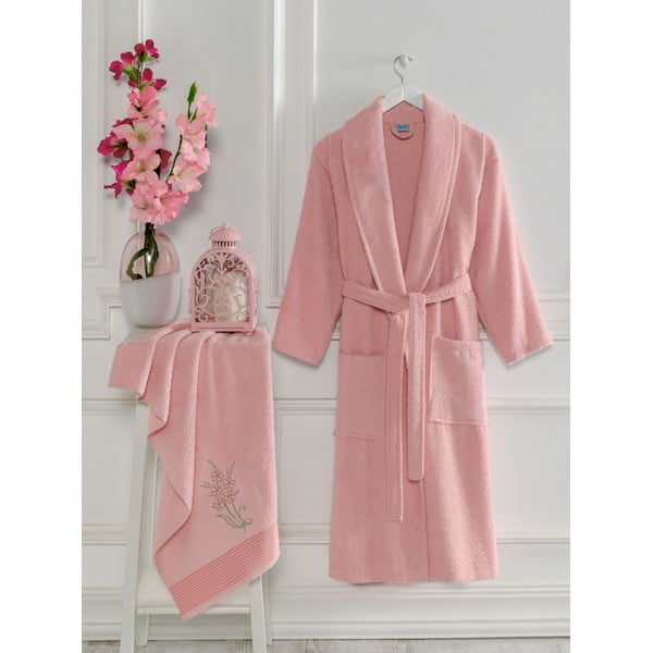 Roosa puuvillane hommikumantli ja käterätiku komplekt komplekt suurus S/M - Mila Home