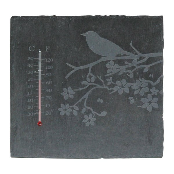 Břidlicový hranatý teploměr s motivem ptáčka Esschert Design, 22 x 22 cm