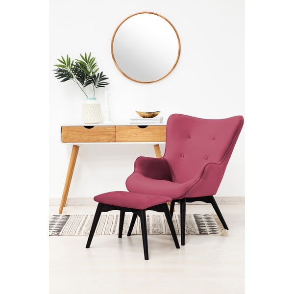 Růžovočervené křeslo a podnožka s podnoží v černé barvě Vivonita Cora Velvet-image-1