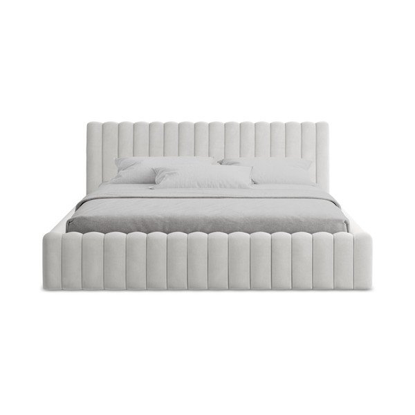 Polsterdatud kaheinimesevoodi panipaigaga ja liistudest raamiga 180x200 cm hõbedases värvitoonis Lemi - Makamii-image-4