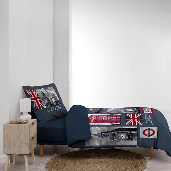 Tumesinine puuvillane ühekohalise voodi voodipesu 140x200 cm City London - douceur d'intérieur-image-4