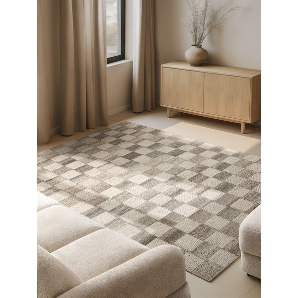 Kreemikas käsitsi kootud villane vaip 80x150 cm Boho 1.0 Quadra - Vikosa-image-1