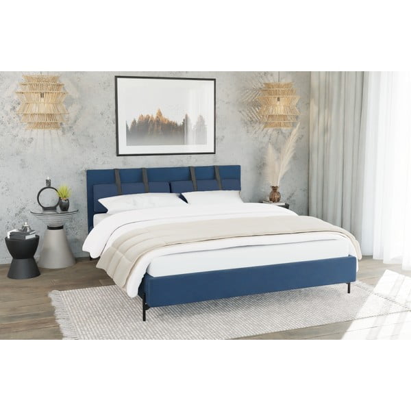 Tumesinine polsterdatud kaheinimesevoodi koos voodipõhjaga 160x200 cm Tulsa - Ropez-image-2