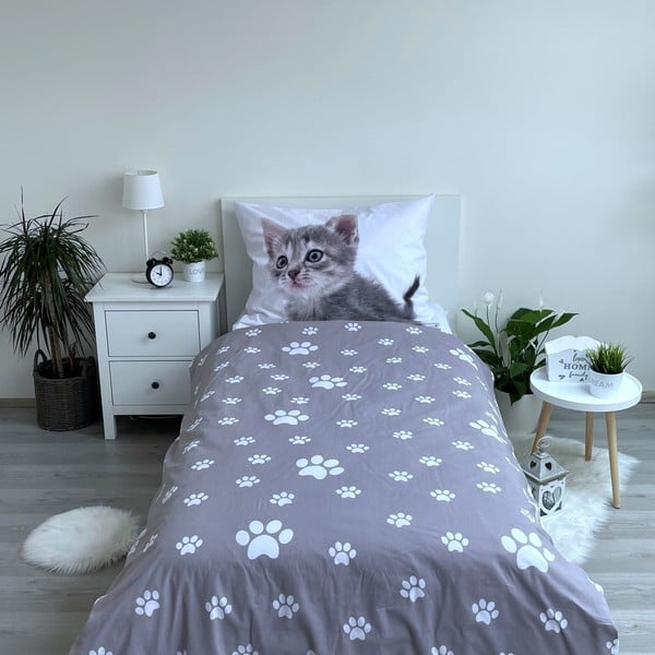 Valge-hall puuvillane laste voodipesu 140x200 cm Kitten "Grey" - Jerry Fabrics-image-2