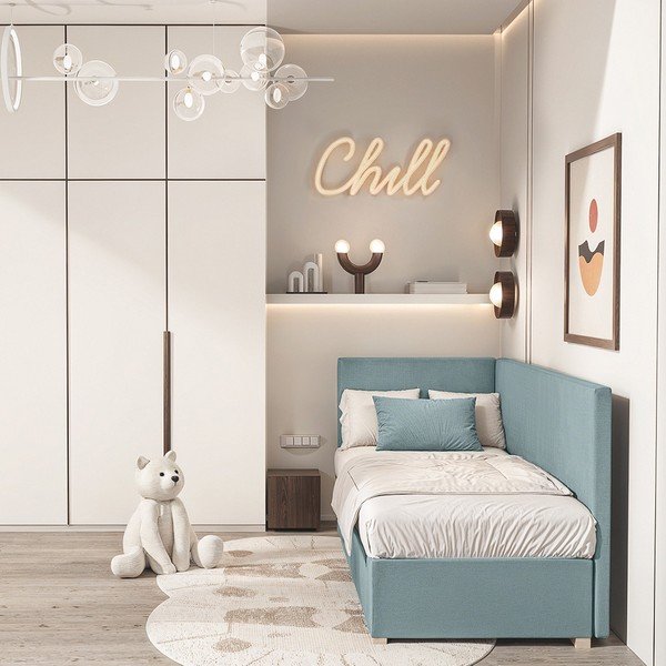 Sinine nurga lastevoodi koos madratsiga koos hoiuruumiga 90x200 cm Flexi – Ghado-image-1