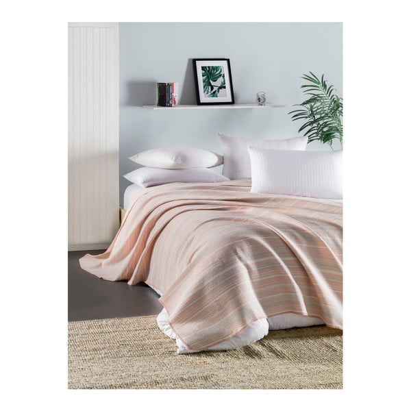 Růžový lehký prošívaný bavlněný přehoz přes postel Runino Mento, 160 x 220 cm
