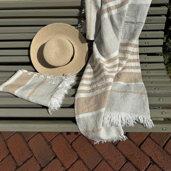 Beež linane rannarätik 85x140 cm Allure Stripe – Linen Tales-image-2