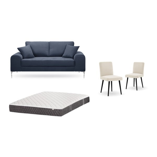 Set dvoumístné tmavě modré pohovky, 2 krémových židlí a matrace 140 x 200 cm Home Essentials