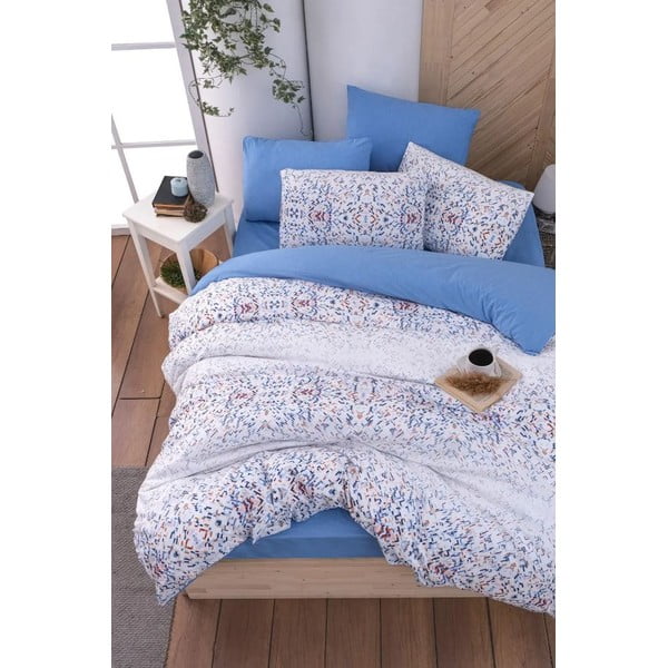 Valge-sinine pikendatud neljaosaline voodipesu kaheinimesevoodile koos linaga 200x220 cm Geometric – Mila Home