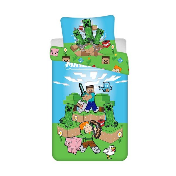 Roheline-sinine puuvillane laste voodipesu 140x200 cm Minecraft "Outdoor Mobs" - Jerry Fabrics