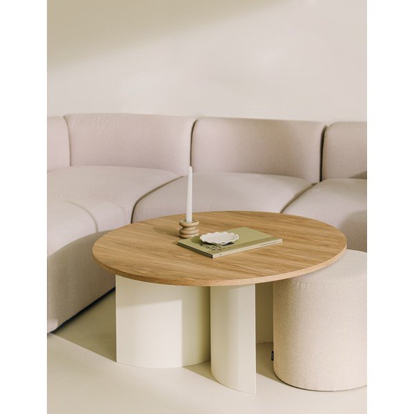 Kreemikas/naturaalses värvitoonis ümmargune kohvilaud saarepuidust pealispinnaga, ø 95 cm Gavo - noo.ma-image-1