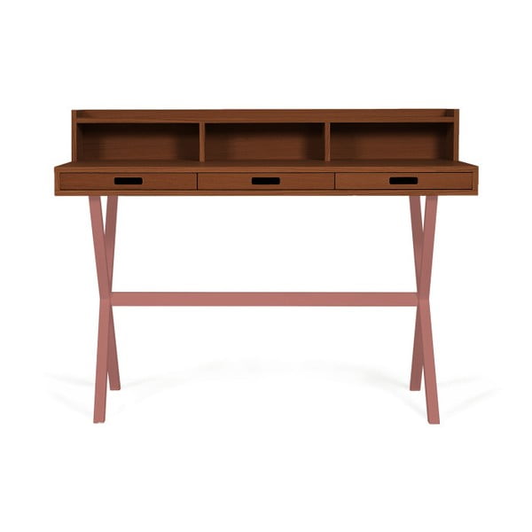 Pracovní stůl z ořechového dřeva s růžovými kovovými nohami HARTÔ Hyppolite, 120 x 55 cm