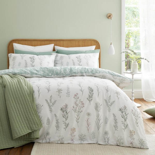 Roheline-valge puuvillane voodipesu üheinimesevoodile 135x200 cm Wild Flowers - Bianca