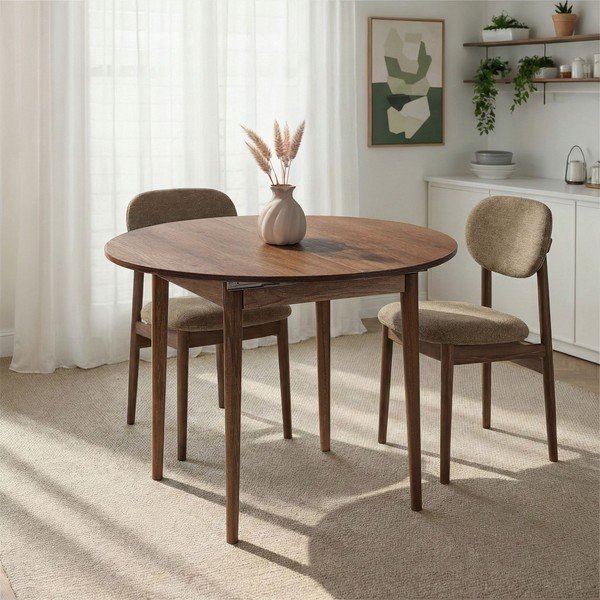 Ümmargune pikendatav söögilaud pähklipuust dekooriga lisapealse pealispinnaga, ø 100 cm Viona - Kalune Design-image-2