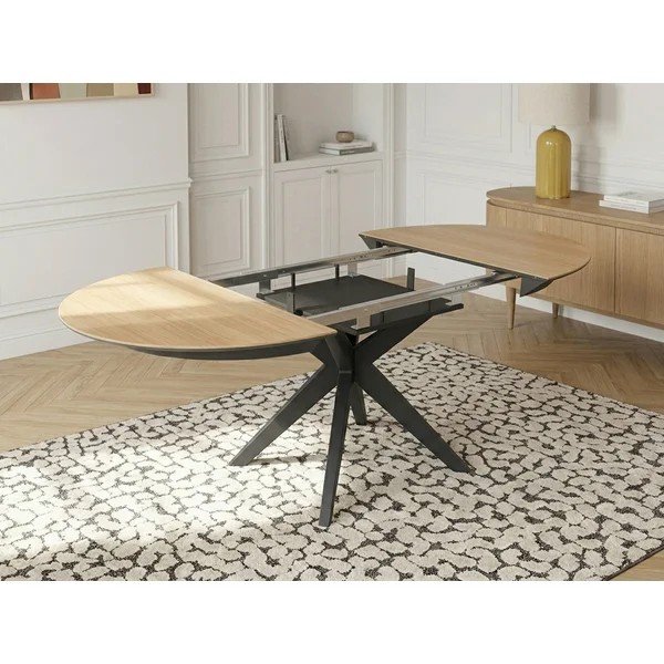 Ümmargune pikendatav söögilaud lisapealse plaadiga, tammepuust dekooriga ø 127 cm Judith - Bobochic Paris-image-4