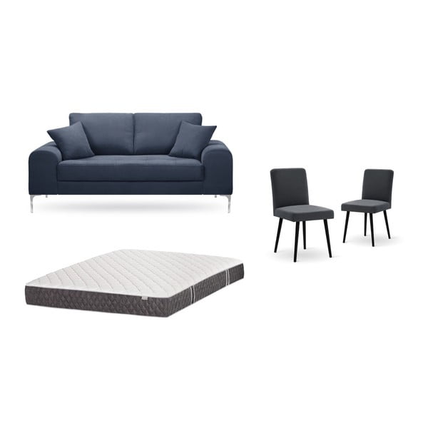 Set dvoumístné tmavě modré pohovky, 2 antracitově šedých židlí a matrace 140 x 200 cm Home Essentials