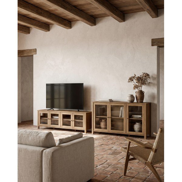 Naturaalses värvitoonis männipuidust vitriinkapp 142x80x40 cm Alessandra - Marckeric-image-1