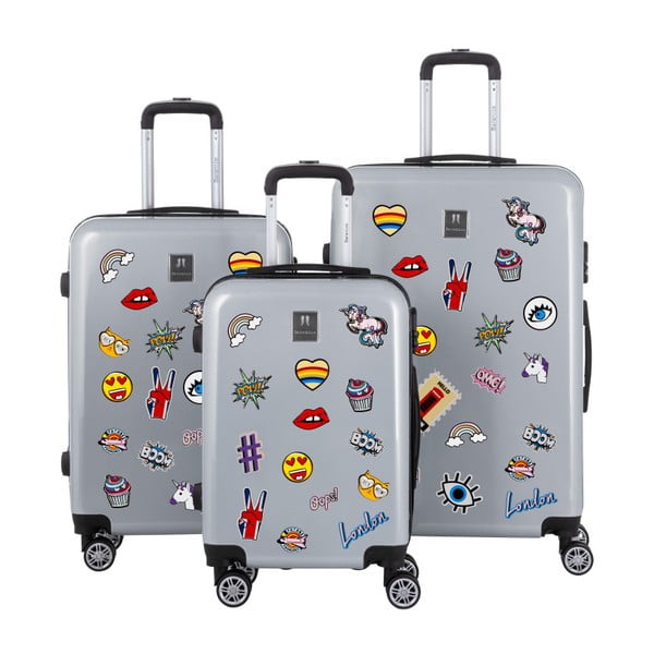 Sada 3 šedých cestovních kufrů se sadou nálepek Berenice Stickers