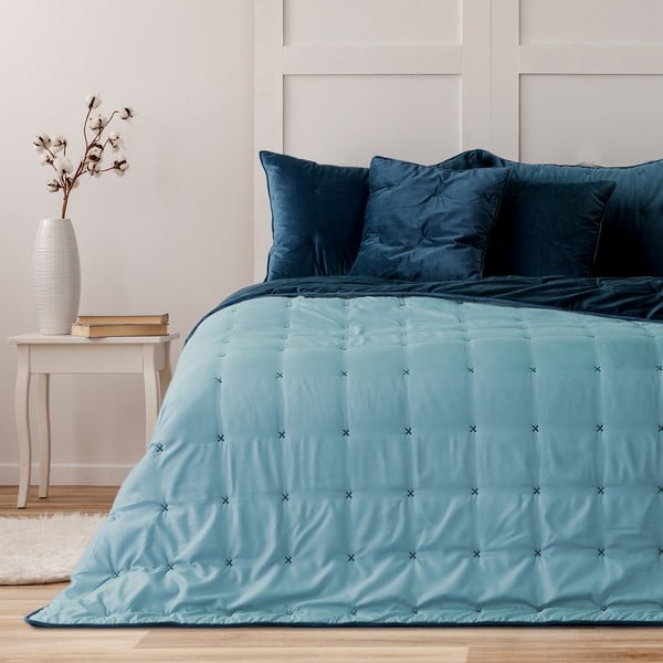 Modrý sametový přehoz na jednolůžko DecoKing Daisy, 210 x 170 cm-image-1