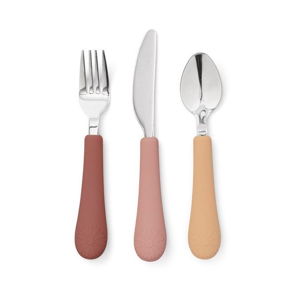 3-osaline punane/lõhevärvi silikoonist laste söögiriistade komplekt Rose Mix - Cam Cam Copenhagen