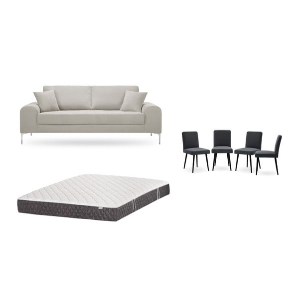 Set třímístné krémové pohovky, 4 antracitově šedých židlí a matrace 160 x 200 cm Home Essentials