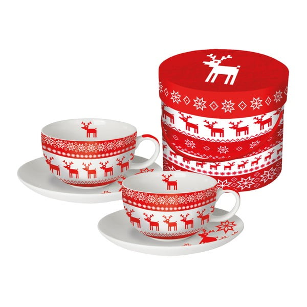 Sada 2 hrnků na cappuccino z kostního porcelánu s vánočním motivem v dárkovém balení PPD Magic Rojo Christmas, 200 ml
