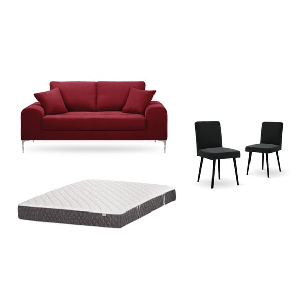 Set dvoumístné červené pohovky, 2 černých židlí a matrace 140 x 200 cm Home Essentials