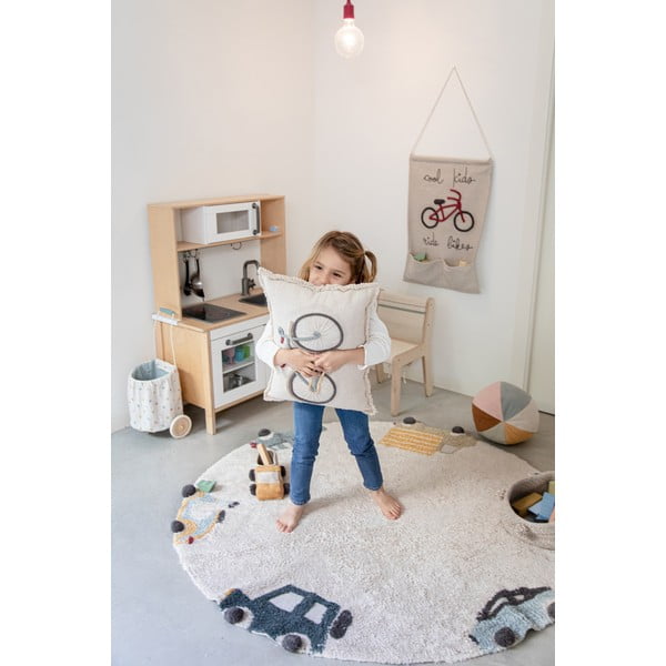 Kreem pestav käsitsi kootud puuvillane laste vaip ø140 cm Wheels - Lorena Canals-image-4