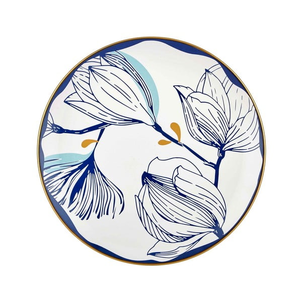 6 taldriku komplekt, valge portselanist taldrikud siniste lilledega Bloom, ⌀ 26 cm - Mia