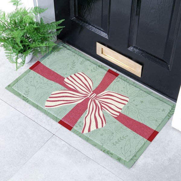 Jõuluteemaline uksematt taaskasutatud plastist 40x70 cm Red & White Stripe Bow - Artsy Doormats-image-1