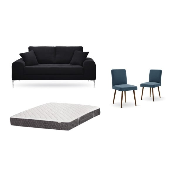 Set dvoumístné černé pohovky, 2 modrých židlí a matrace 140 x 200 cm Home Essentials