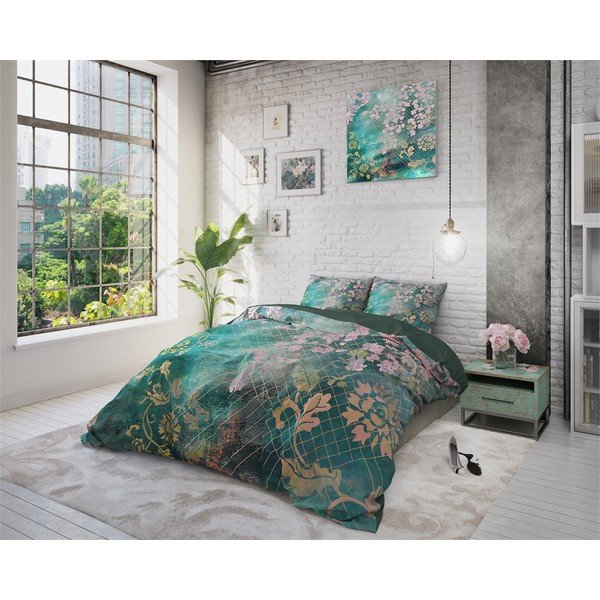Zelené bavlněné povlečení na dvoulůžko Pure Cotton Tiran Flower, 240 x 200 cm-image-1