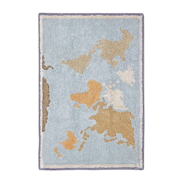Sinine/beež käsitsti kootud puuvillane pestav laste vaip 70x100 cm Mini Worldmap – Lorena Canals