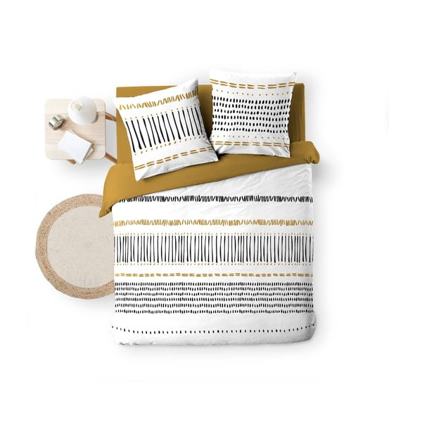 Kollane-valge puuvillane kaheinimese voodipesu/pikendatud 240x220 cm Chicago - douceur d'intérieur-image-4