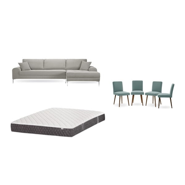 Set světle šedé pohovky s lenoškou vpravo, 4 šedozelených židlí a matrace 160 x 200 cm Home Essentials